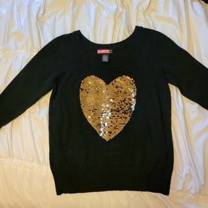 NWOT XL SayWhat? Black w/ Gold Sequin Heart Sweater